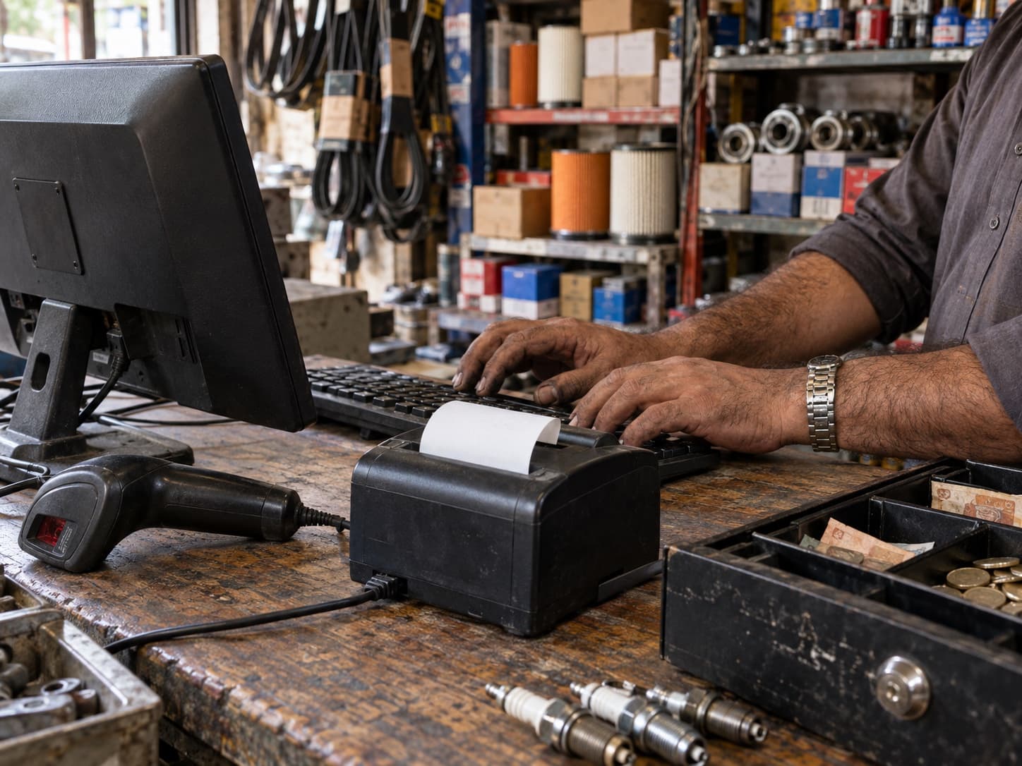 The counter kit at an auto-parts shop: keyboard, barcode scanner, receipt printer and cash drawer.