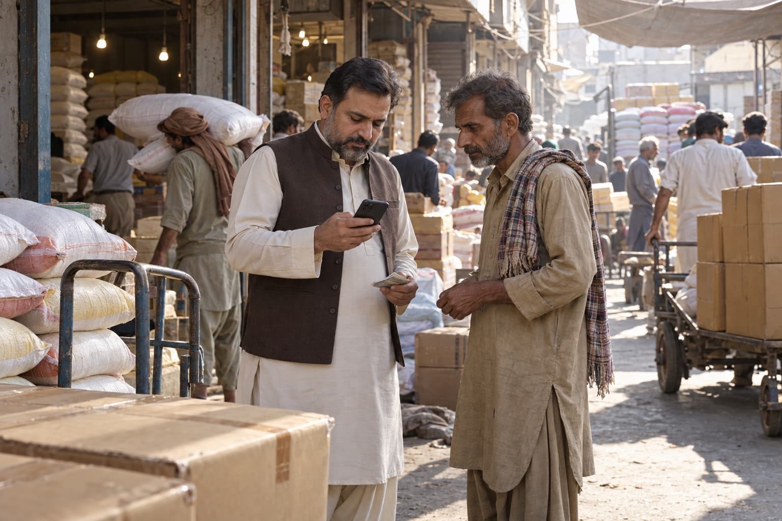 A shop owner in a wholesale market checks his phone before paying a supplier.